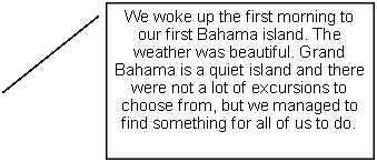 Line Callout 2: We woke up the first morning to our first Bahama island. The weather was beautiful. Grand Bahama is a quiet island and there were not a lot of excursions to choose from, but we managed to find something for all of us to do.