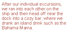 Text Box: After our individual excursions, we ran into each other on the ship and then head off near the dock into a cozy bar, where we drank an island drink such as the Bahama Mama.
