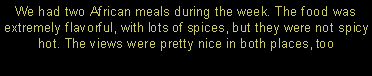 Text Box: We had two African meals during the week. The food was extremely flavorful, with lots of spices, but they were not spicy hot. The views were pretty nice in both places, too